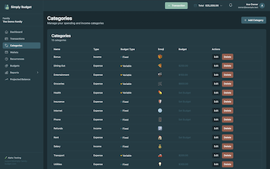 Categories management screen for organizing budget and transaction categories