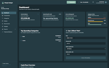 Dashboard overview screen with household balances, budget summaries, and recent activity