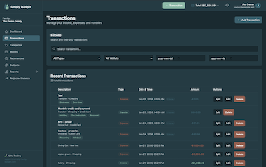 Transactions list screen for manually adding and reviewing household spending