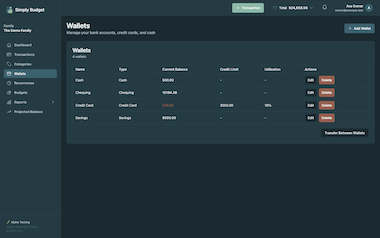 Wallets and accounts screen showing multiple household accounts including cash and credit cards